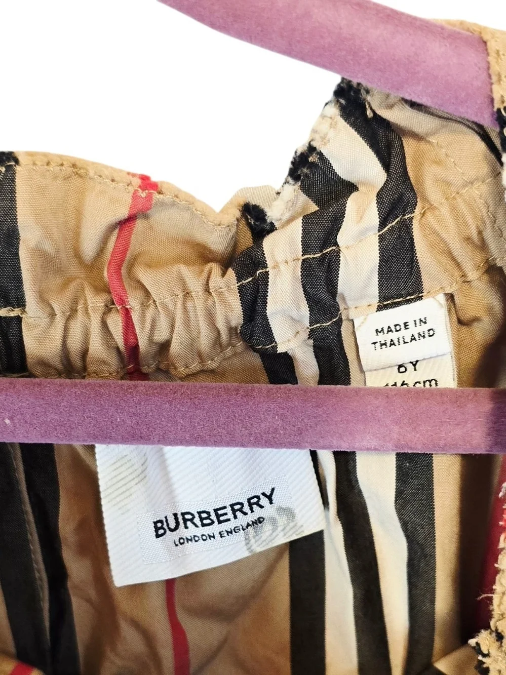 Burberry Beige Striped Button-Front Kids Dress with Black and Red Stripes
